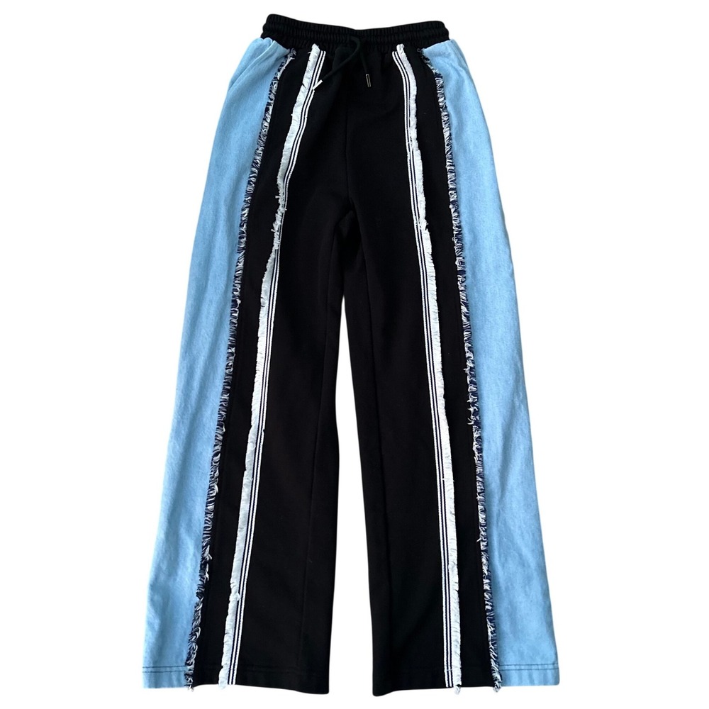 Rixo Wide Leg Joggers Black Blue Denim Patchwork Fringe Drawstring Sweatpants